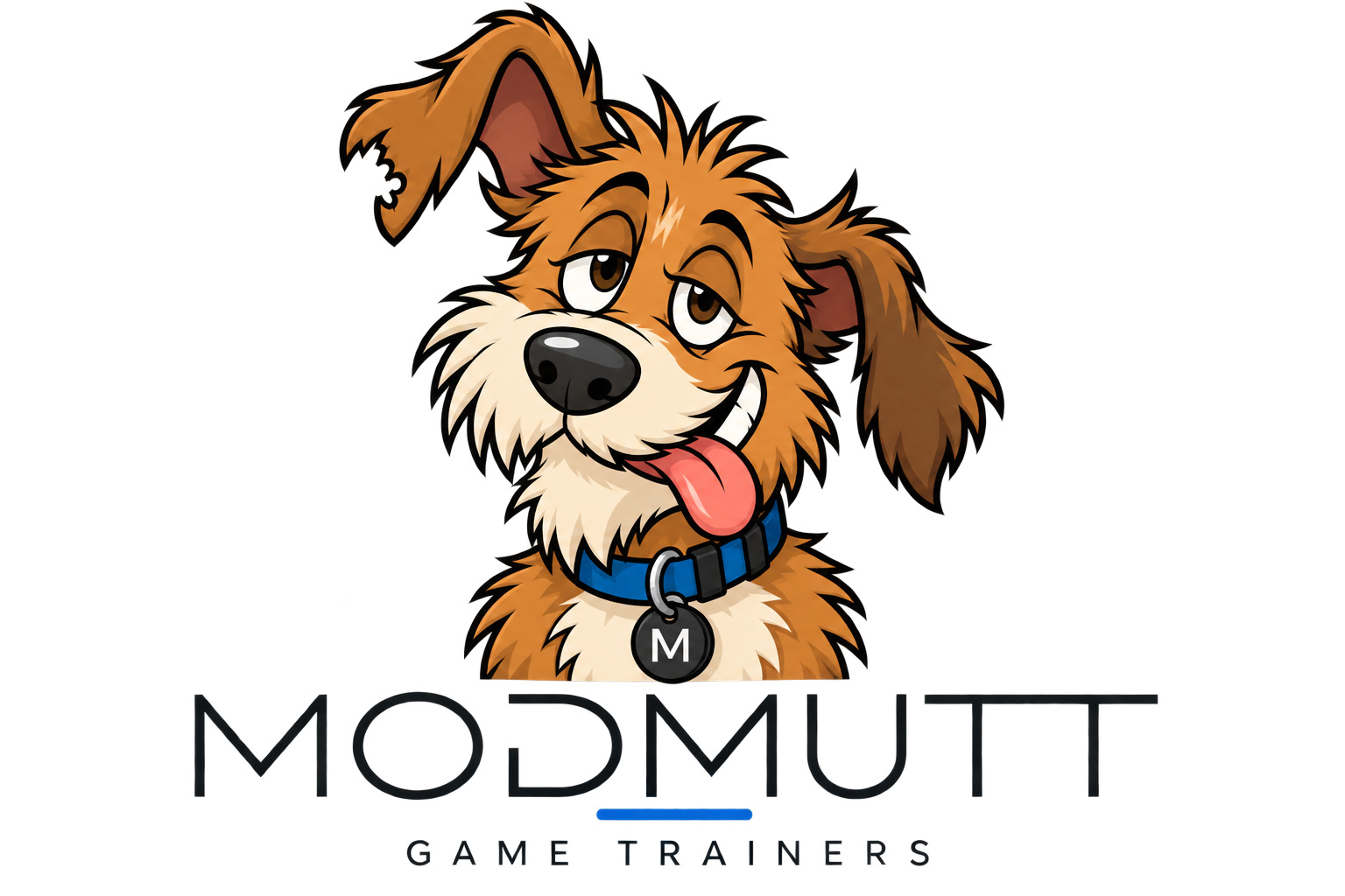 ModMutt Game Trainers: a scruffy orange dog with a blue collar and an M tag